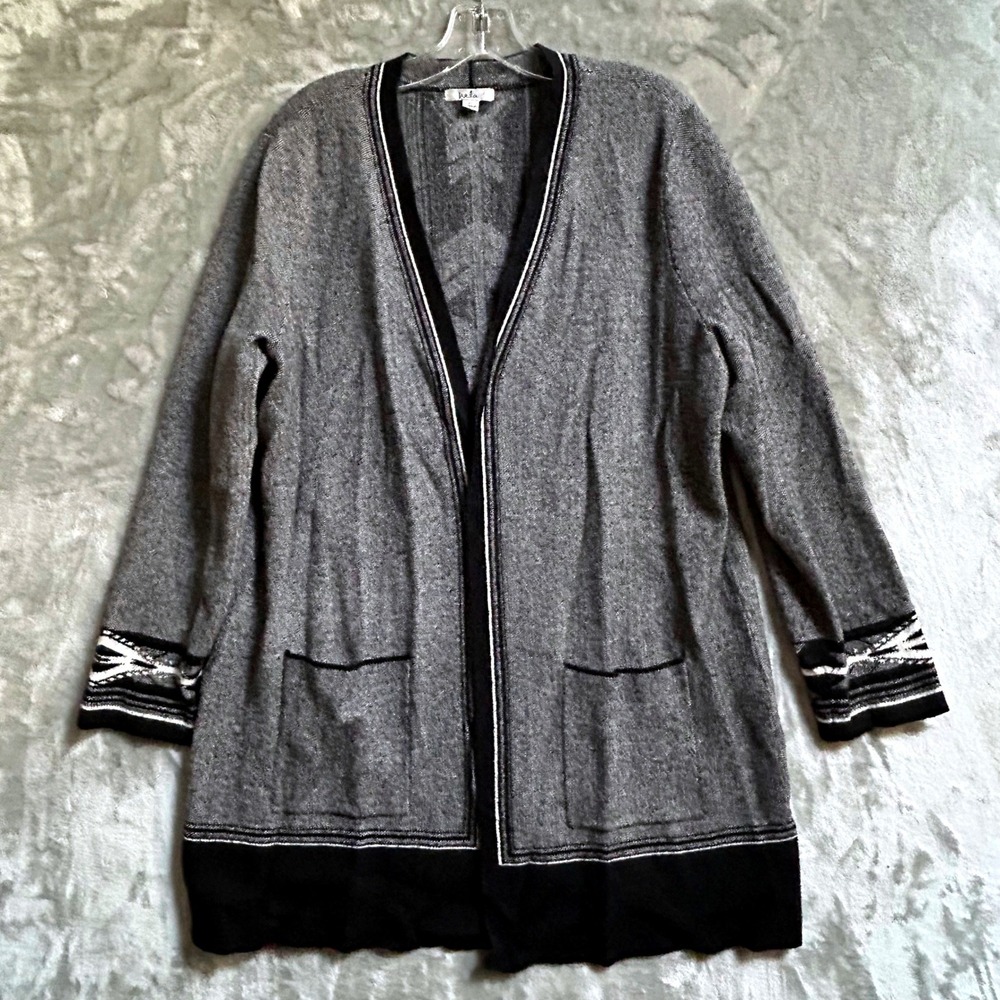 Isela Womens XL Grey Geometric Intarsia Longline Open Cardigan Sweater Pockets